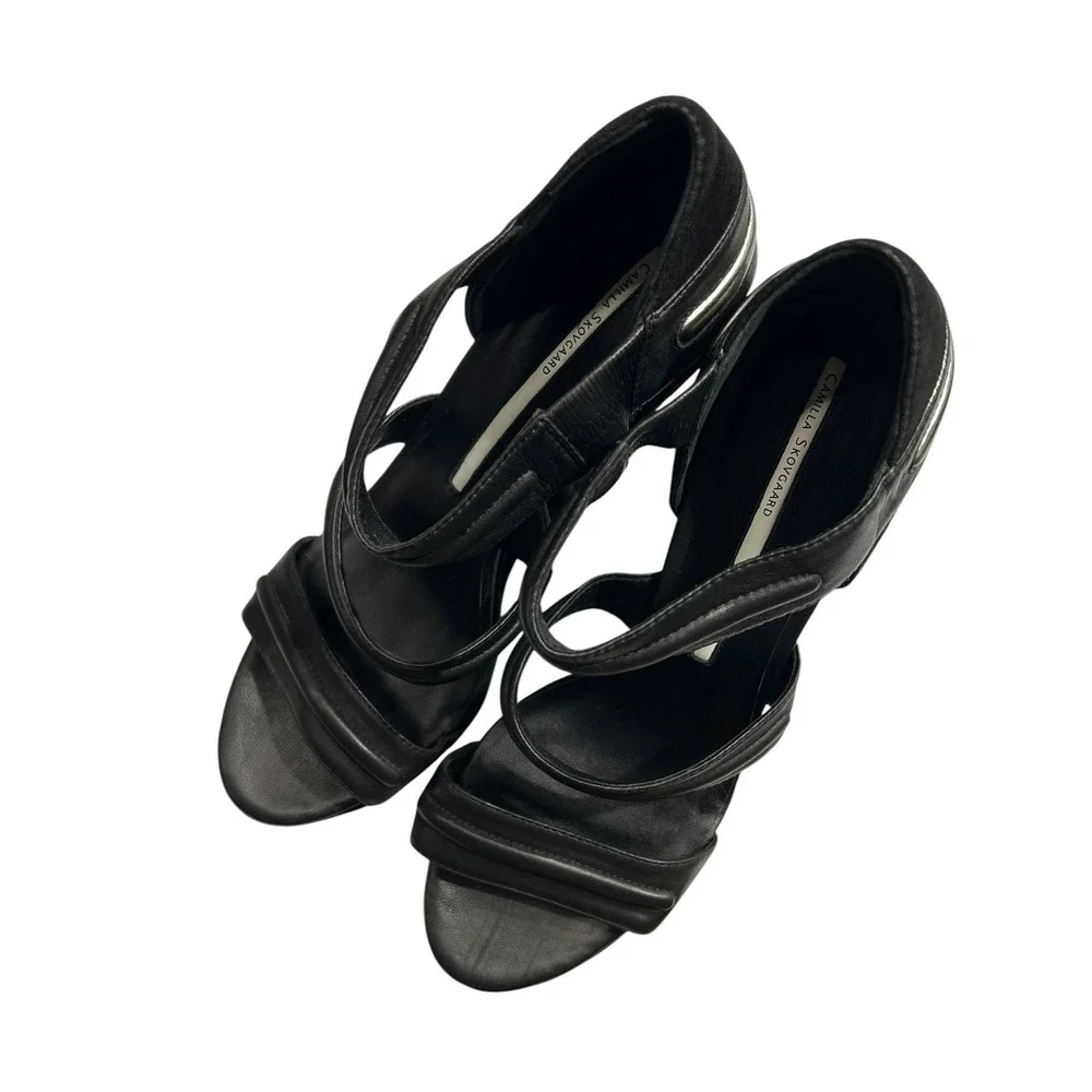 Camilla Skovgaard Black Leather Suede Architectural Wedge Sandals Size‎ 41 club